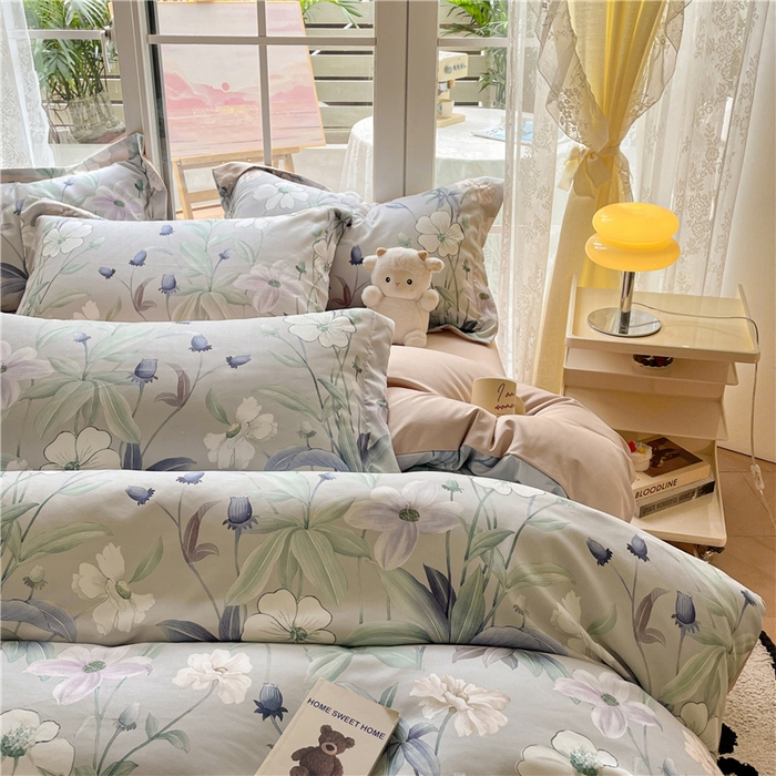 91家纺网 家纺一手货源 找家纺 古吉梦 2023新款A类有氧元气棉加厚磨毛四件套 绿茵