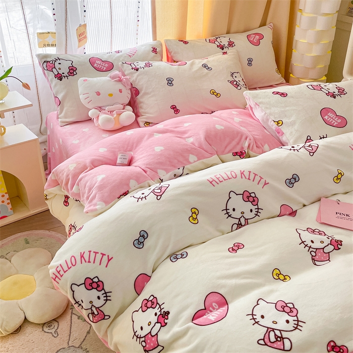 91家纺网 家纺一手货源 找家纺 博雅 2023新款三丽鸥正版授权卡通加厚牛奶绒系列四件套蝴蝶结Kitty