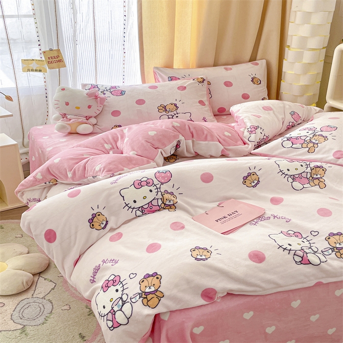 91家纺网 家纺一手货源 找家纺 博雅 2023新款三丽鸥正版授权卡通加厚牛奶绒系列四件套草莓Kitty