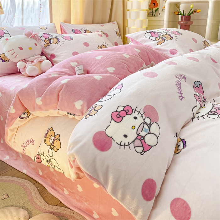 91家纺网 家纺一手货源 找家纺 博雅 2023新款三丽鸥正版授权卡通加厚牛奶绒系列四件套草莓Kitty