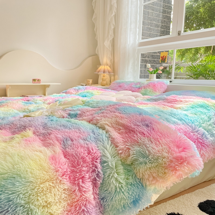 91家纺网 家纺一手货源 找家纺 慕澄家纺 2023新款水貂绒被套盖毯两用毯子 彩虹-粉蓝