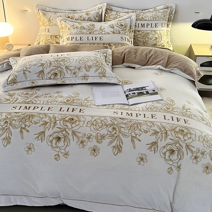 富之航家纺 2023新款230克金丝绒四件套 蔓舞-卡其