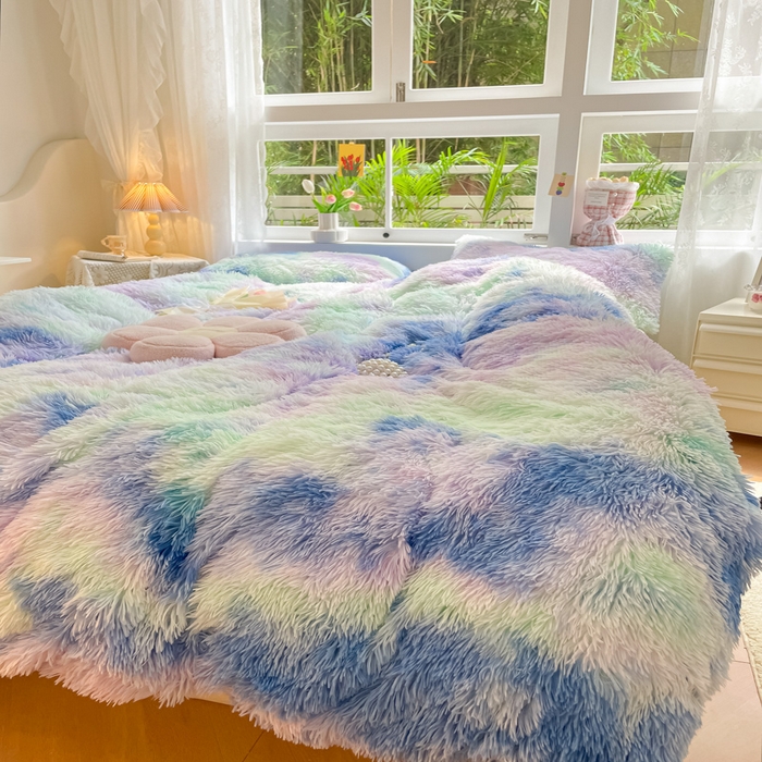 91家纺网 家纺一手货源 找家纺 慕澄家纺 2023新款水貂绒被套盖毯两用毯子 彩虹-蓝紫
