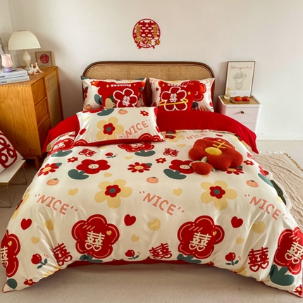 91家纺网 家纺一手货源 找家纺 用心 2023新款高端数码印花婚庆四件套 心想柿成