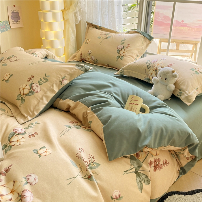 91家纺网 家纺一手货源 找家纺 古吉梦 2023新款A类有氧元气棉加厚磨毛四件套 木棉花