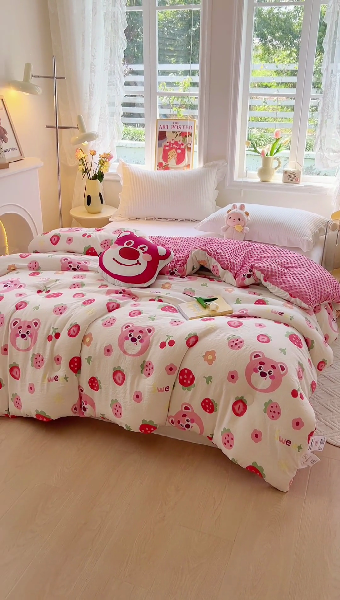 91家纺网 家纺一手货源 找家纺 居易简 2025新款水洗棉双层纱豆豆被加绒被子被芯直播豆豆绒被被子被芯冬被春秋被 草莓蛋糕