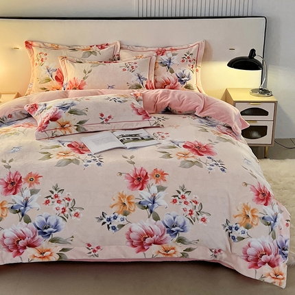 富之航家纺 2023新款230克金丝绒四件套 花舞-羽魅粉