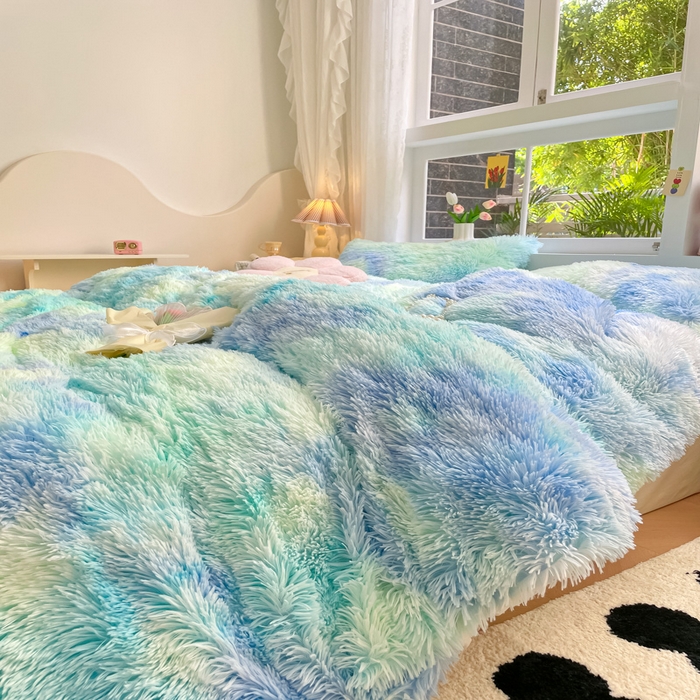 91家纺网 家纺一手货源 找家纺 慕澄家纺 2023新款水貂绒被套盖毯两用毯子 彩虹-蓝绿