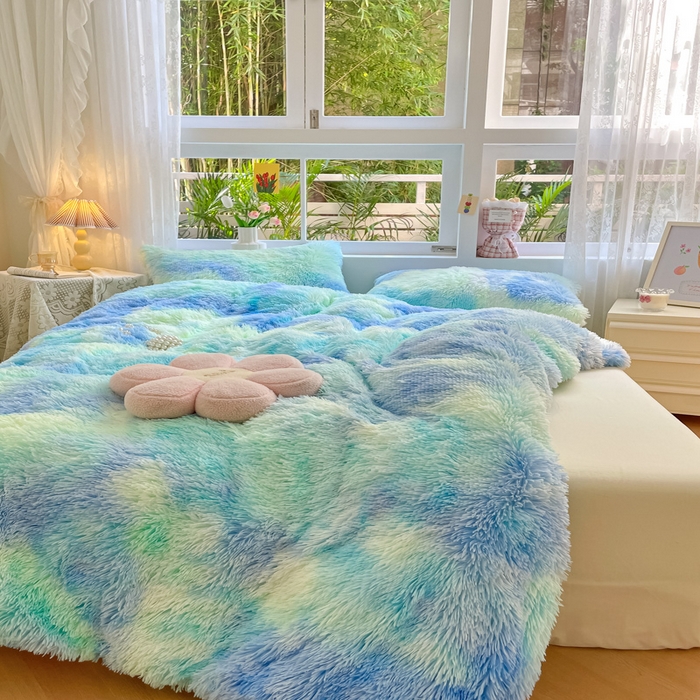 91家纺网 家纺一手货源 找家纺 慕澄家纺 2023新款水貂绒被套盖毯两用毯子 彩虹-蓝绿