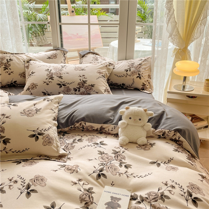 91家纺网 家纺一手货源 找家纺 古吉梦 2023新款A类有氧元气棉加厚磨毛四件套 木槿-米