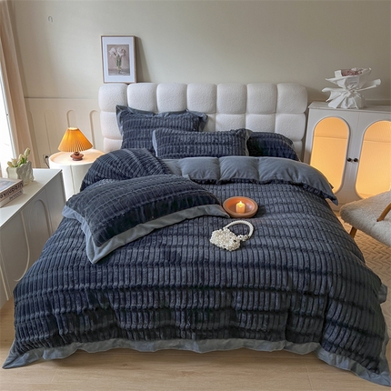 91家纺网 家纺一手货源 找家纺 （总）佰亿莱 2024新款条纹兔毛绒四件套-兔绒格