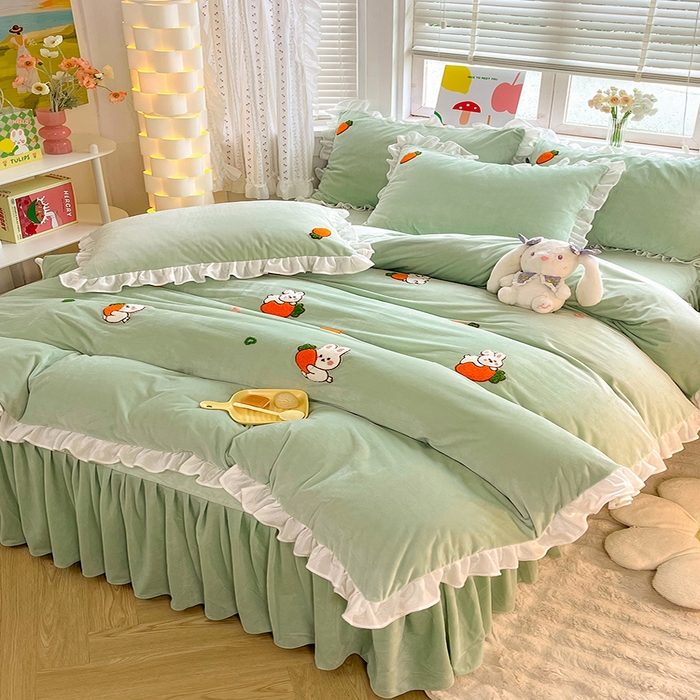 91家纺网 家纺一手货源 找家纺 绒兔兔2023新款棉加绒刺绣四件套-萝卜兔 萝卜兔-浅绿