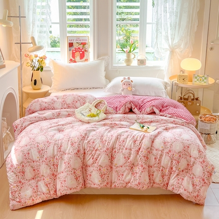 居易简 2025新款水洗棉双层纱豆豆被加绒被子被芯直播豆豆绒被被子被芯冬被春秋被 小桃兔兔