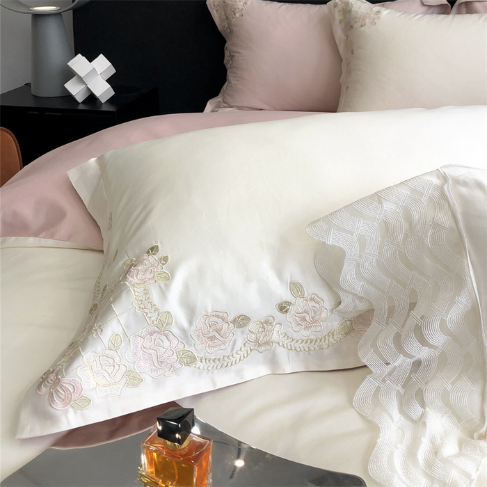 91家纺网 家纺一手货源 找家纺 馨蕊家居 2023新款100支CR工艺全棉四件套-棉卡洛琳 卡洛琳-粉白