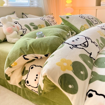 91家纺网 家纺一手货源 找家纺 恋佳居 2025新款小清新印花牛奶绒保暖四件套 快乐熊