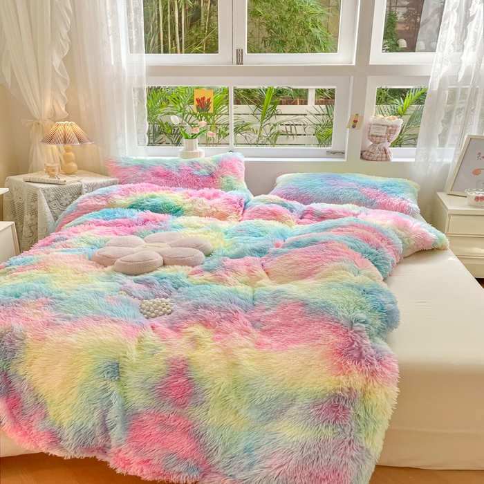 91家纺网 家纺一手货源 找家纺 慕澄家纺 2023新款水貂绒被套盖毯两用毯子 彩虹-粉蓝