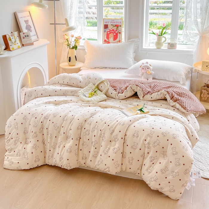 91家纺网 家纺一手货源 找家纺 居易简 2025新款水洗棉双层纱豆豆被加绒被子被芯直播豆豆绒被被子被芯冬被春秋被 小熊院长