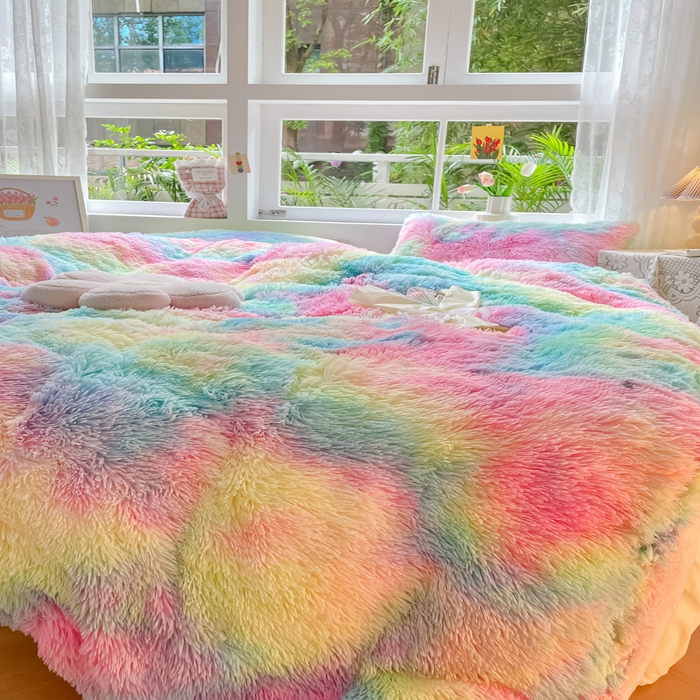 91家纺网 家纺一手货源 找家纺 慕澄家纺 2023新款水貂绒被套盖毯两用毯子 彩虹-粉蓝