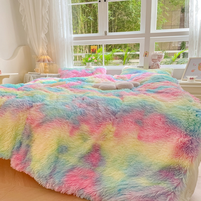 91家纺网 家纺一手货源 找家纺 慕澄家纺 2023新款水貂绒被套盖毯两用毯子 彩虹-粉蓝