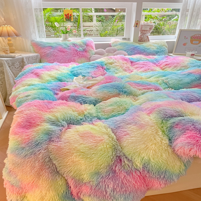 91家纺网 家纺一手货源 找家纺 慕澄家纺 2023新款水貂绒被套盖毯两用毯子 彩虹-粉蓝