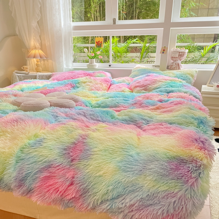 91家纺网 家纺一手货源 找家纺 慕澄家纺 2023新款水貂绒被套盖毯两用毯子 彩虹-粉蓝
