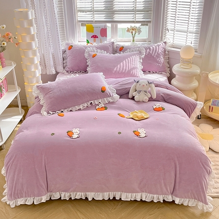91家纺网 家纺一手货源 找家纺 绒兔兔2023新款棉加绒刺绣四件套-萝卜兔 萝卜兔-香芋紫