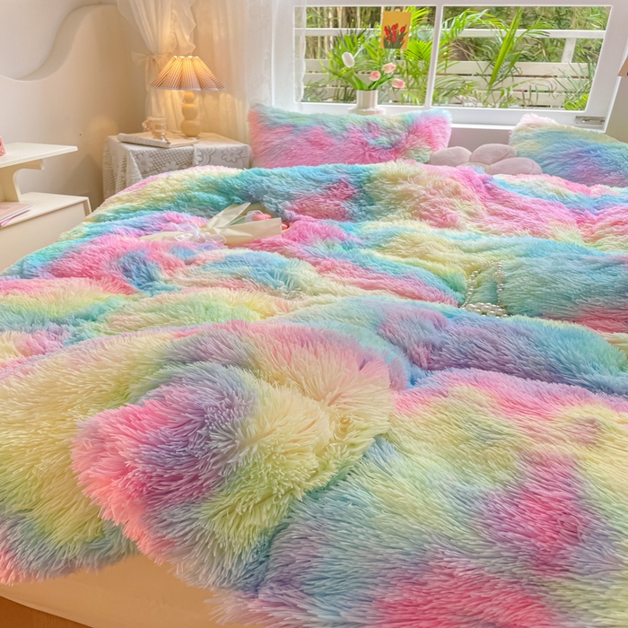 91家纺网 家纺一手货源 找家纺 慕澄家纺 2023新款水貂绒被套盖毯两用毯子 彩虹-粉蓝