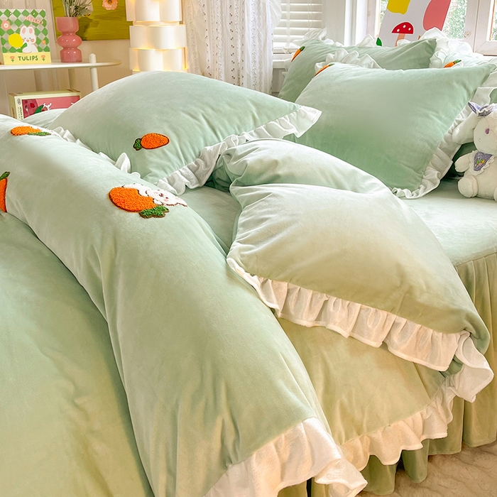 91家纺网 家纺一手货源 找家纺 绒兔兔2023新款棉加绒刺绣四件套-萝卜兔 萝卜兔-浅绿
