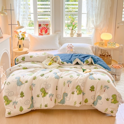 居易简 2025新款水洗棉双层纱豆豆被加绒被子被芯直播豆豆绒被被子被芯冬被春秋被 恐龙星球