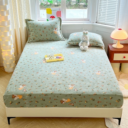 妖妖家纺 2023新款牛奶绒单床笠 花仙子与兔兔-绿