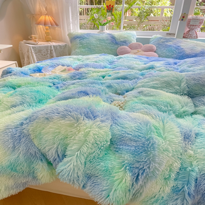 91家纺网 家纺一手货源 找家纺 慕澄家纺 2023新款水貂绒被套盖毯两用毯子 彩虹-蓝绿