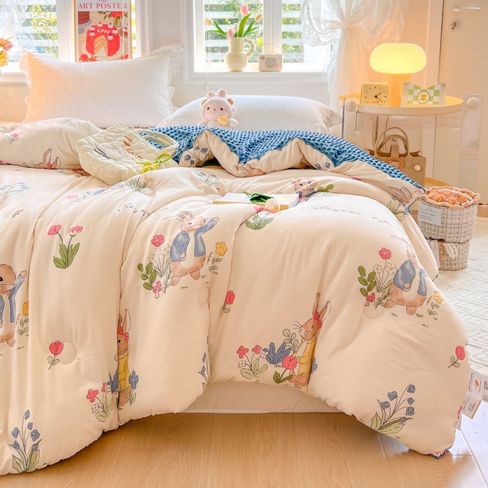 91家纺网 家纺一手货源 找家纺 居易简 2025新款水洗棉双层纱豆豆被加绒被子被芯直播豆豆绒被被子被芯冬被春秋被 兔sweet