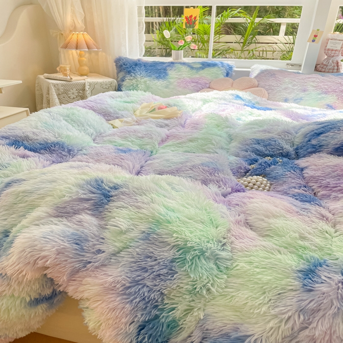 91家纺网 家纺一手货源 找家纺 慕澄家纺 2023新款水貂绒被套盖毯两用毯子 彩虹-蓝紫