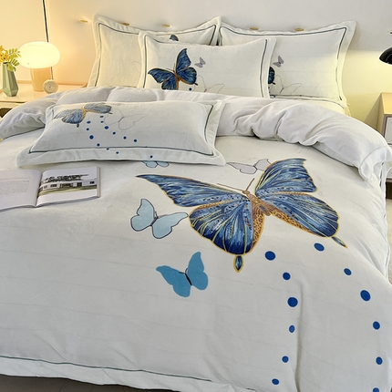 富之航家纺 2023新款230克金丝绒四件套 梦蝶-米月白