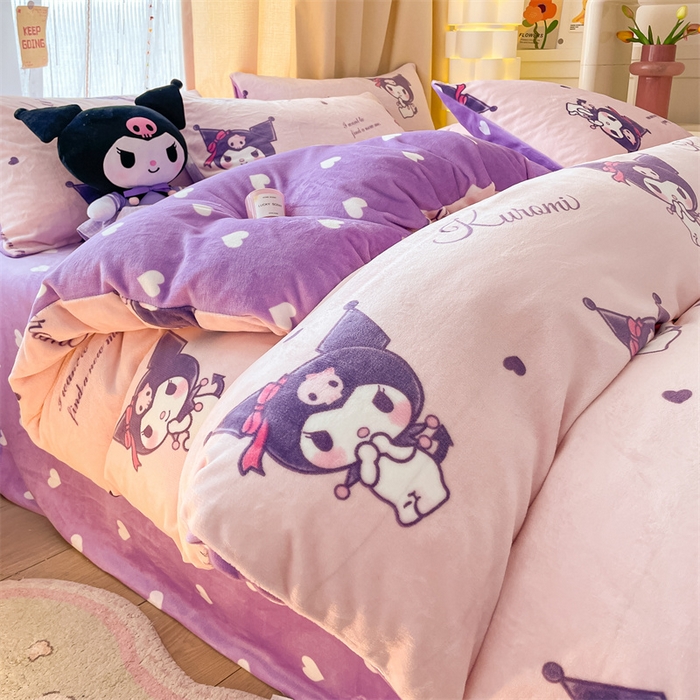 91家纺网 家纺一手货源 找家纺 博雅 2023新款三丽鸥正版授权卡通加厚牛奶绒系列四件套库洛米之心-专版