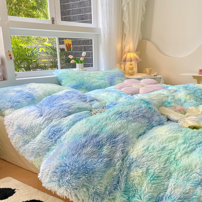 91家纺网 家纺一手货源 找家纺 慕澄家纺 2023新款水貂绒被套盖毯两用毯子 彩虹-蓝绿