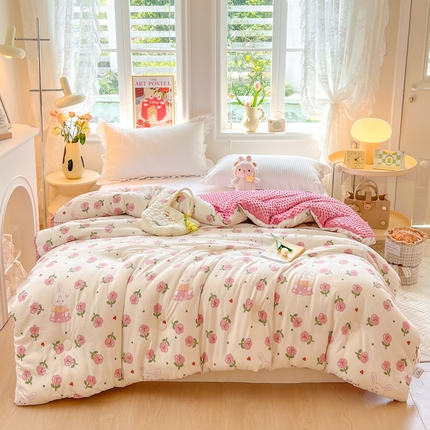 居易简 2025新款水洗棉双层纱豆豆被加绒被子被芯直播豆豆绒被被子被芯冬被春秋被 曼塔玫瑰