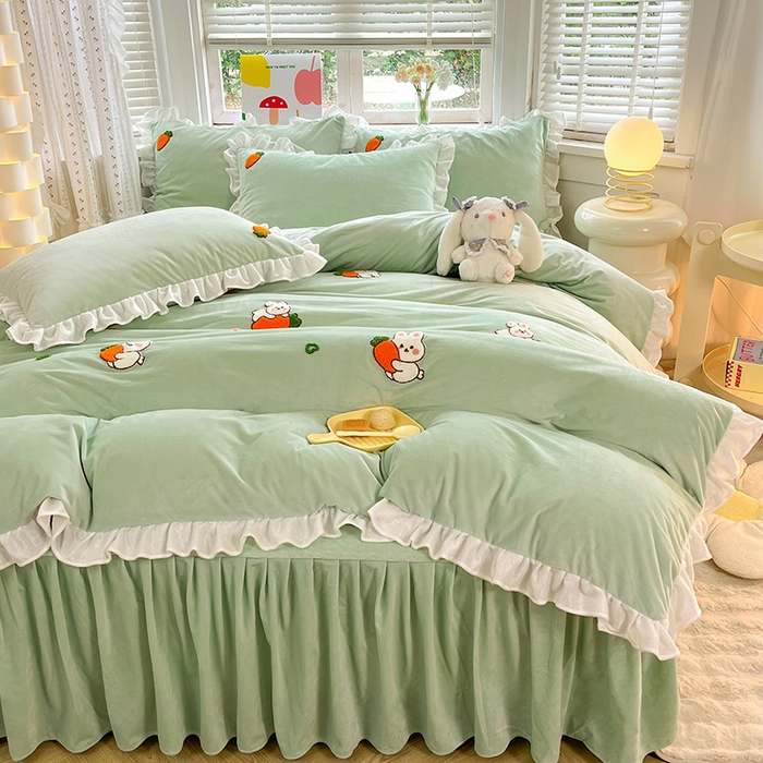 91家纺网 家纺一手货源 找家纺 绒兔兔2023新款棉加绒刺绣四件套-萝卜兔 萝卜兔-浅绿