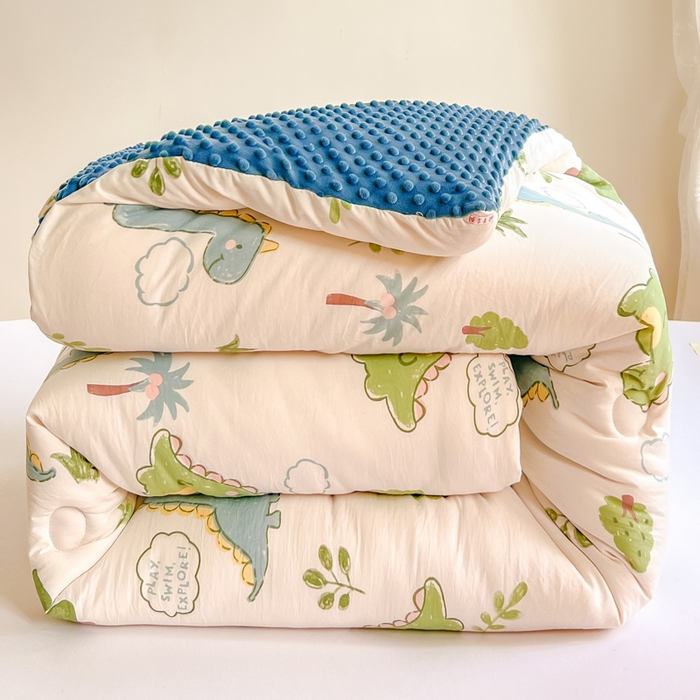 91家纺网 家纺一手货源 找家纺 居易简 2025新款水洗棉双层纱豆豆被加绒被子被芯直播豆豆绒被被子被芯冬被春秋被 恐龙星球