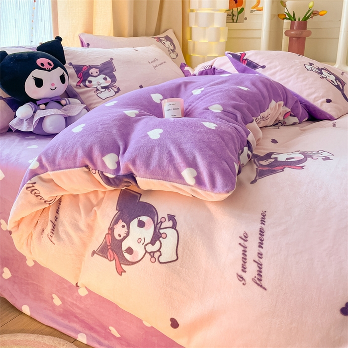 91家纺网 家纺一手货源 找家纺 博雅 2023新款三丽鸥正版授权卡通加厚牛奶绒系列四件套库洛米之心-专版