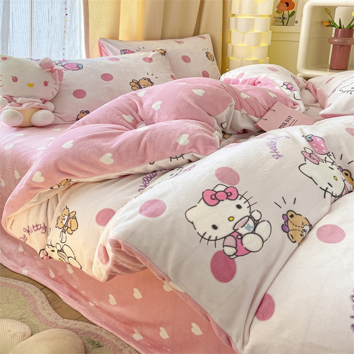 91家纺网 家纺一手货源 找家纺 博雅 2023新款三丽鸥正版授权卡通加厚牛奶绒系列四件套草莓Kitty