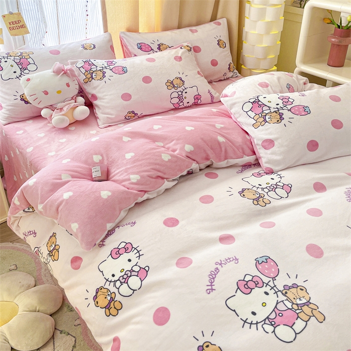 91家纺网 家纺一手货源 找家纺 博雅 2023新款三丽鸥正版授权卡通加厚牛奶绒系列四件套草莓Kitty