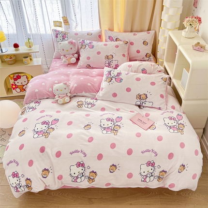 博雅 2023新款三丽鸥正版授权卡通加厚牛奶绒系列四件套草莓Kitty