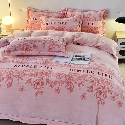富之航家纺 2023新款230克金丝绒四件套 蔓舞-粉