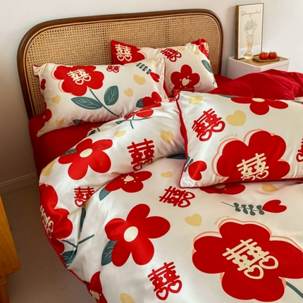 用心 2023新款高端数码印花婚庆四件套 喜结连理