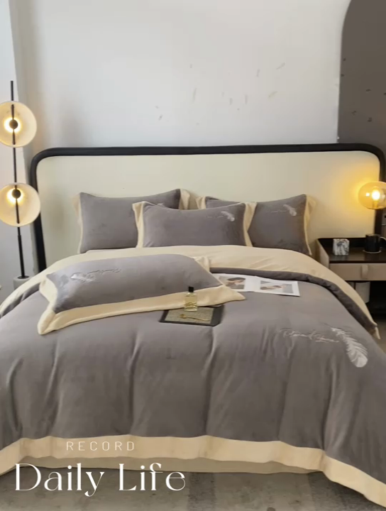 91家纺网 家纺一手货源 找家纺 露梦家纺 2025新款加厚保暖牛奶绒刺绣款四件套-轻羽（风格二） 轻羽-高极灰