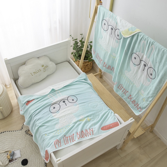 91家纺网 家纺一手货源 找家纺 朴尔家纺-毛巾被 2023新款六层纱布儿童毛巾被-朴尔 博士兔浅蓝