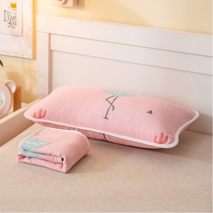 91家纺网 家纺一手货源 找家纺 2023全棉卡通六层纱布儿童枕套-朴尔 辛福鸟粉-纱布枕套