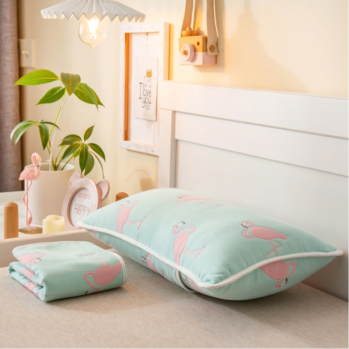 91家纺网 家纺一手货源 找家纺 2023全棉卡通六层纱布儿童枕套-朴尔 火鸟-浅蓝-纱布枕套