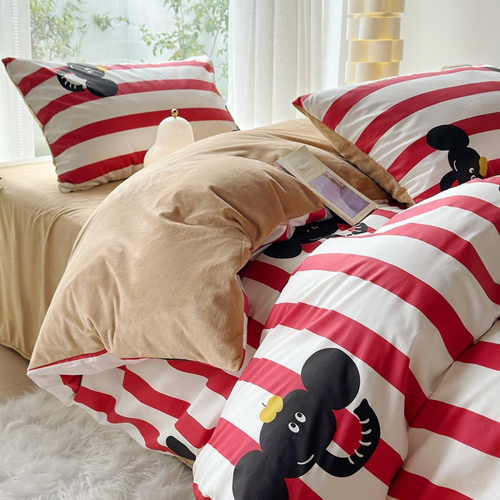 91家纺网 家纺一手货源 找家纺 怡家居 2023新款秋冬亲肤舒适棉加绒四件套 条纹大象